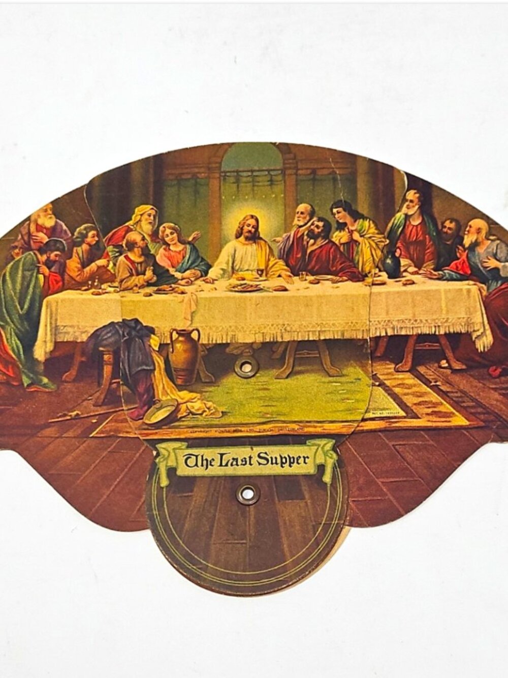 Vintage 1930s Color Litho Funeral Home Advertising Folding Hand Fan Last Supper